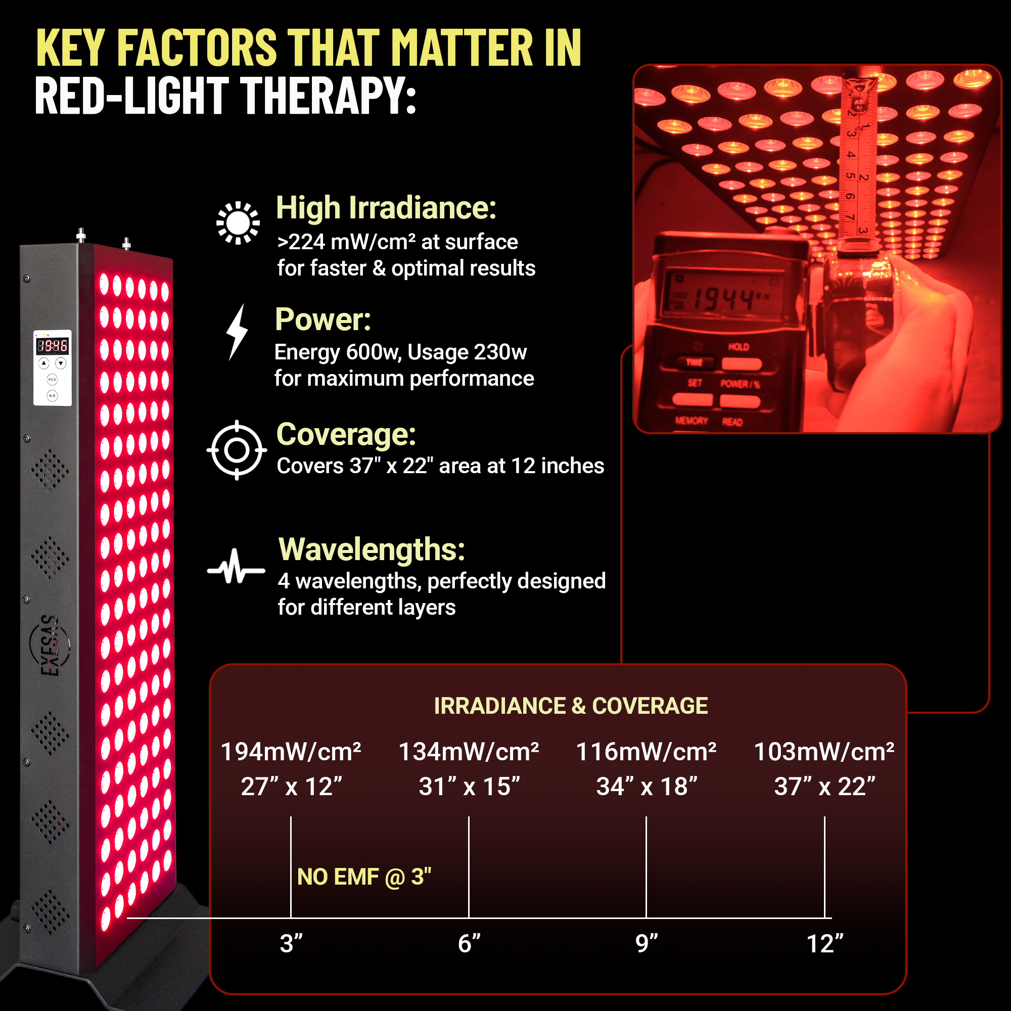 EXESAS 600W Red Light Therapy Panel — Full Body 4-Wavelength