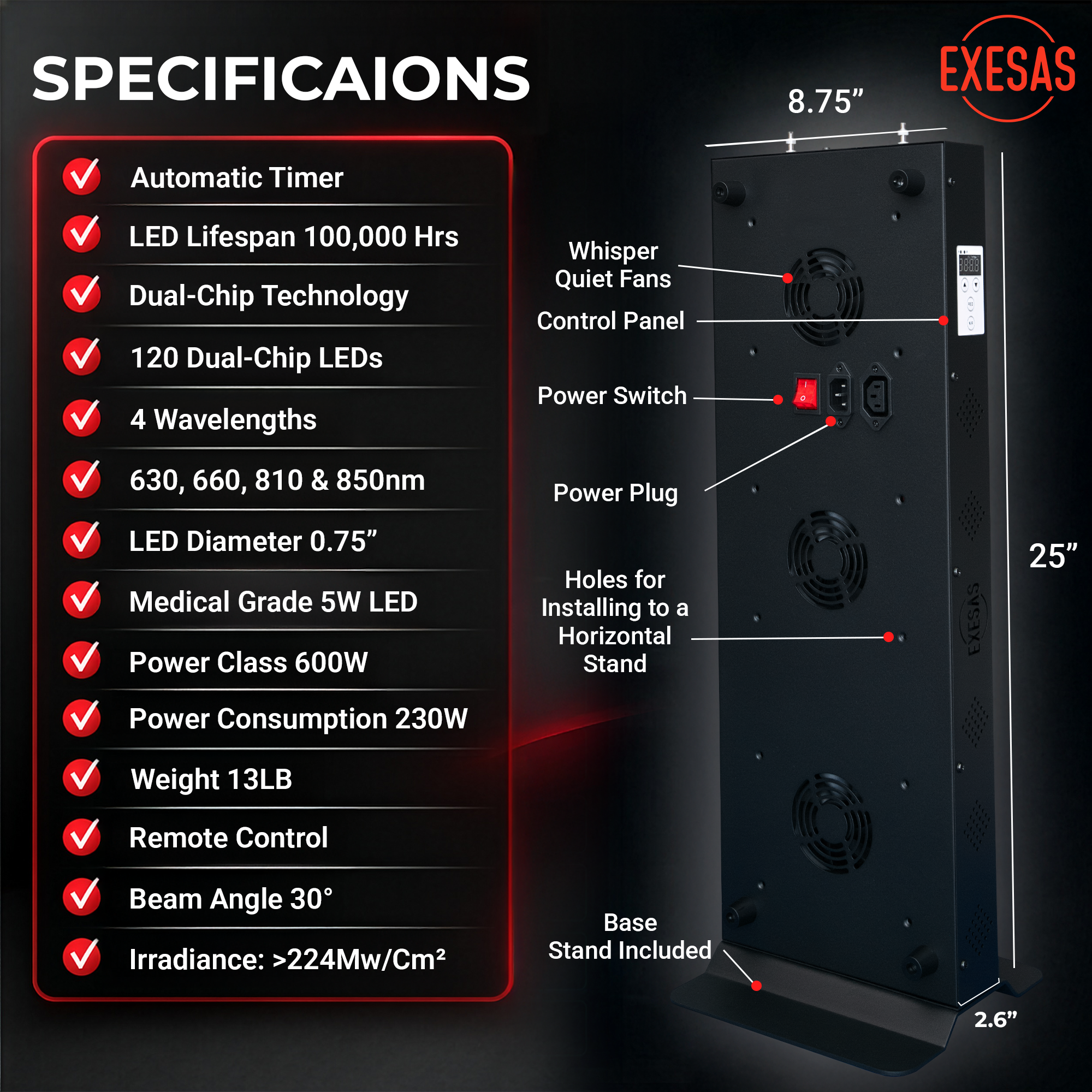 EXESAS 600W Red Light Therapy Panel — Full Body 4-Wavelength