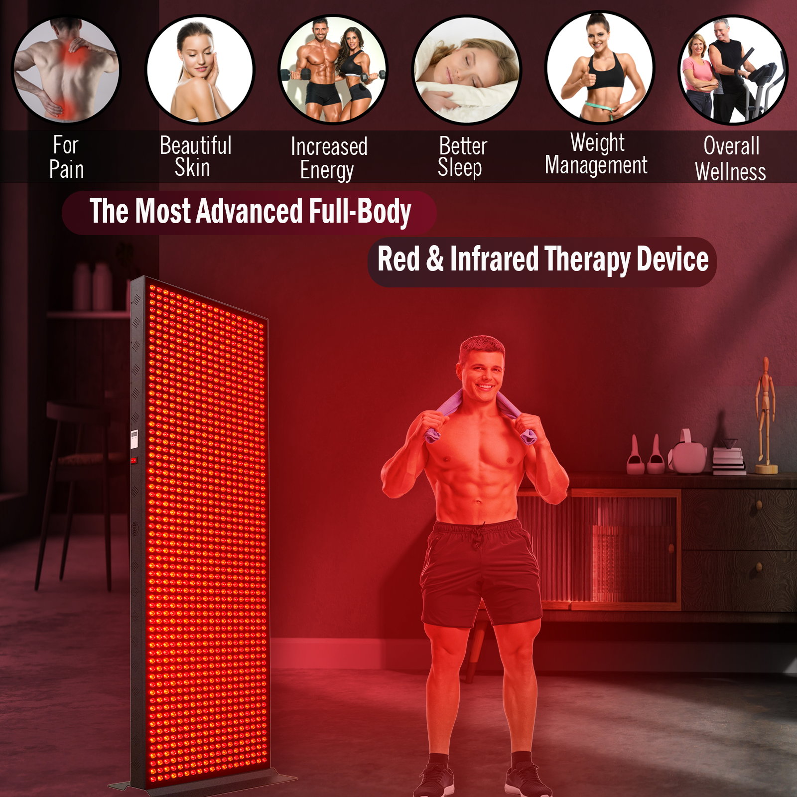 EXESAS     1216 LED, 6080W Dual-Chip, Red Light Therapy Device for Full Body, 4-Wavelengths Infrared LED Panel for Skin, Weight, Pain, Wellness