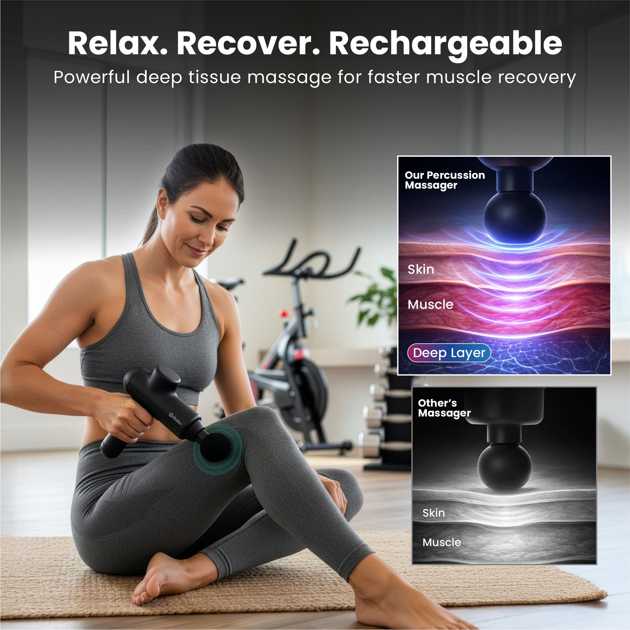 Elevate your recovery with the iReliev Percussion Massage Gun, a sophisticated tool designed to enhance your performance journey. With its intuitive one-button operation and three adjustable intensity levels, this ergonomic device seamlessly integrates into your wellness routine. Experience improved blood flow and greater ease of movement, allowing you to embrace each day with renewed vigor. Prioritize recovery as the essential foundation for achieving your peak potential.
