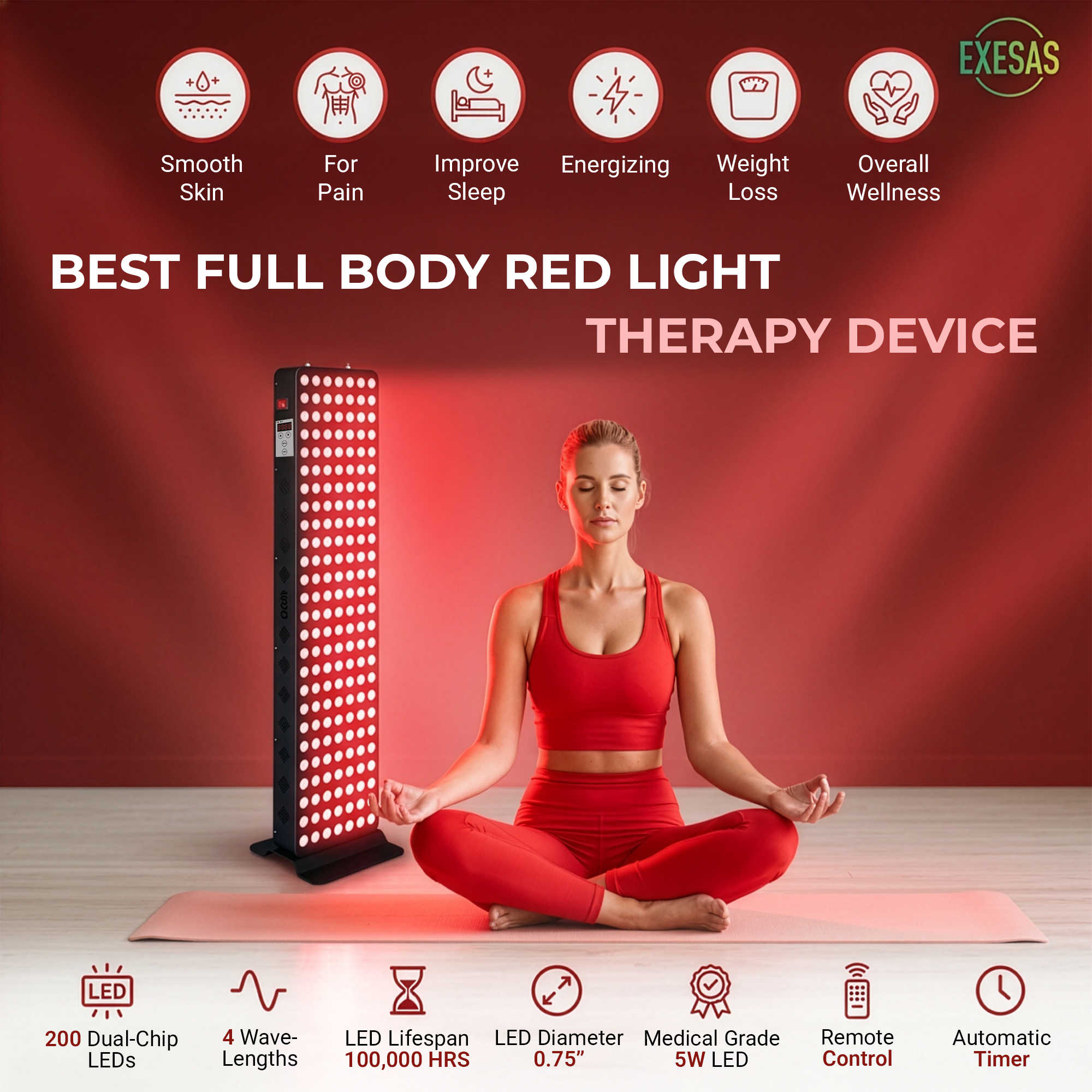 EXESAS 1000W Red Light Therapy Panel — Full Body 4-Wavelength
