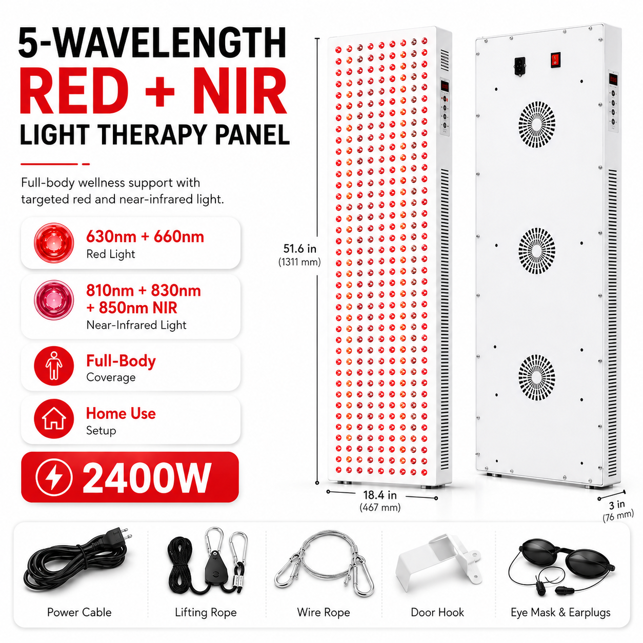 Full Body Red Light & Near Infrared Therapy Panel — 2400W, 660nm & 850nm