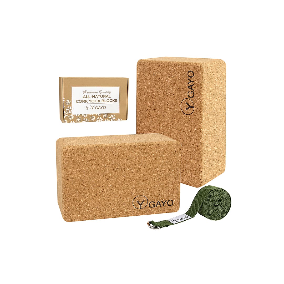 Sustainable Large Cork Yoga Blocks & Strap Set - Gayo Yoga Cork Blocks