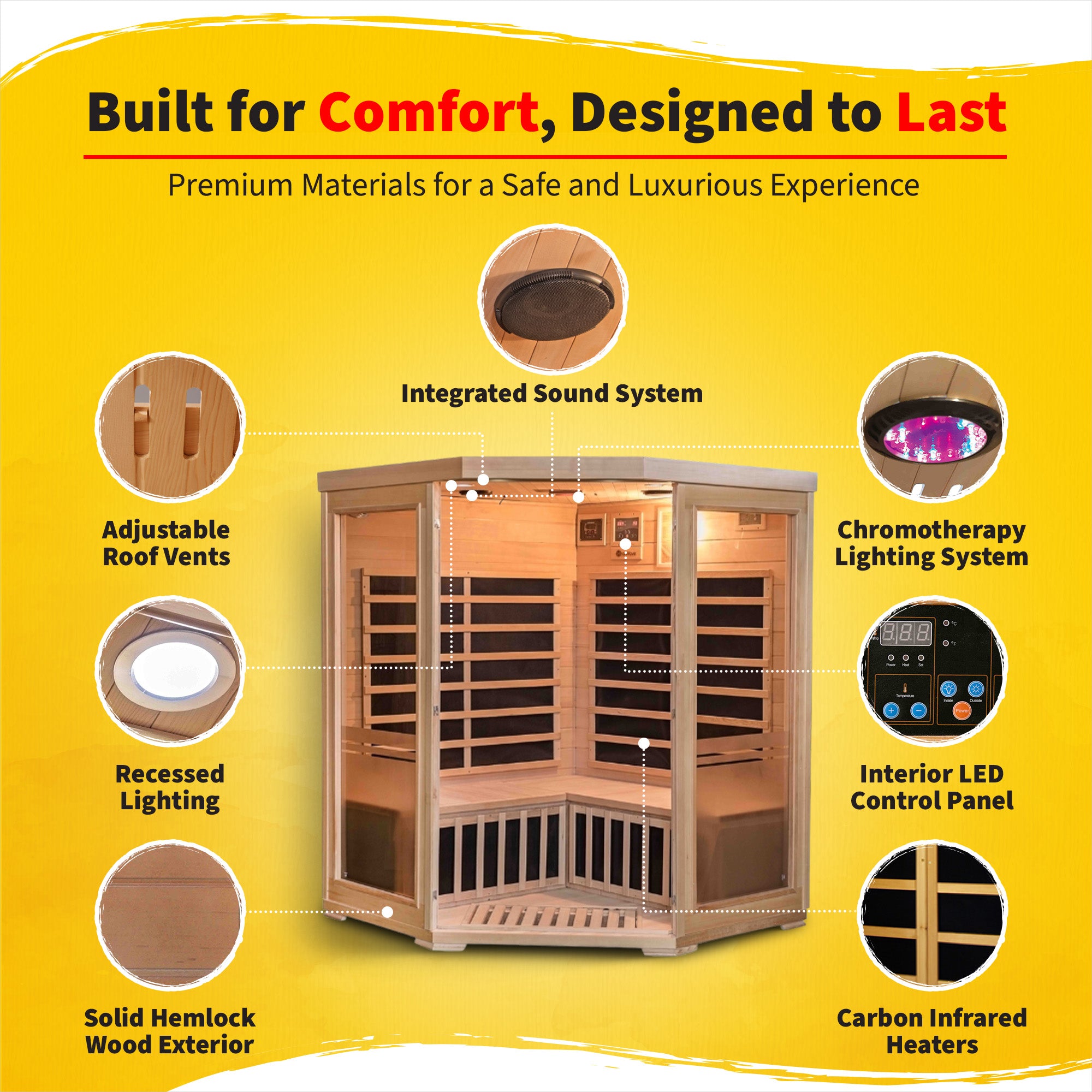 The Meridian — 3-Person Corner Hemlock Infrared Sauna