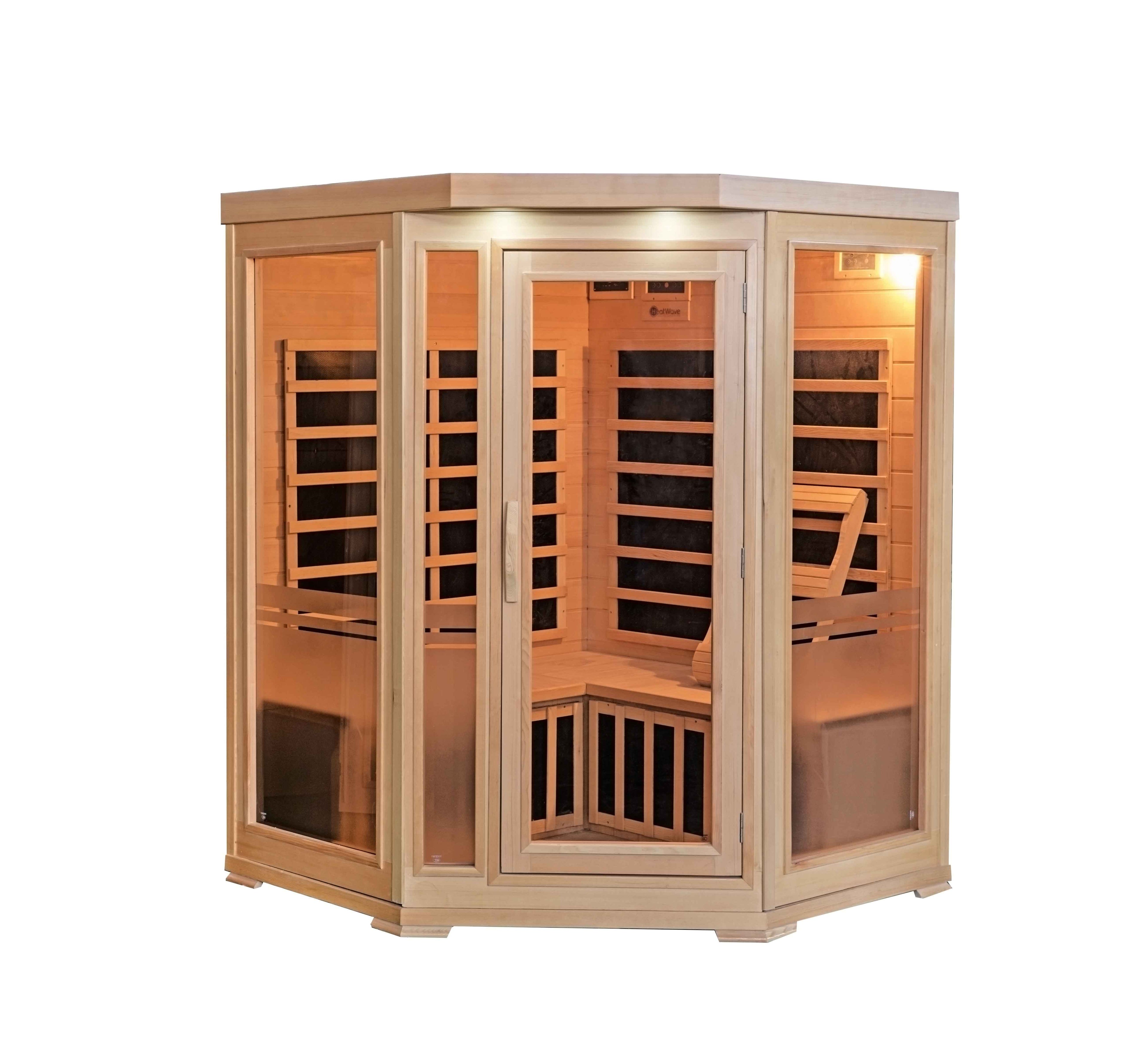 The Meridian - 3-Person Corner Hemlock Infrared Sauna - HeatWave Premium Sauna